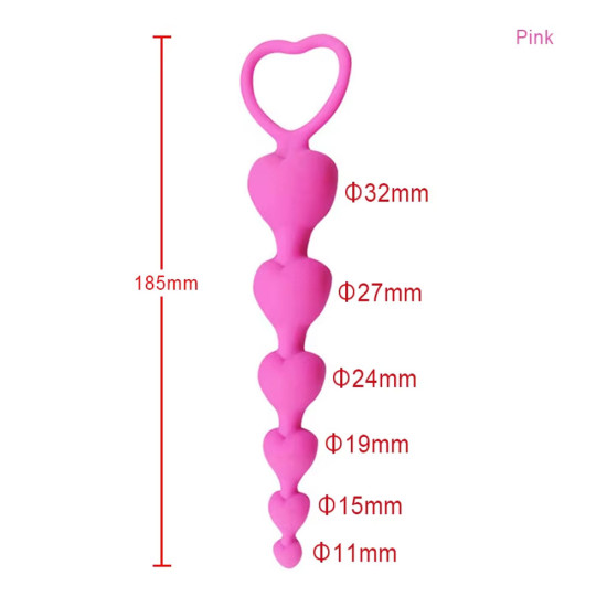 Backpart Kalp Şeklinde Boncuklu Silikon Pürüzsüz Yüzey 5 Boğumlu Anal Tıkaç (Plug) - Pembe
